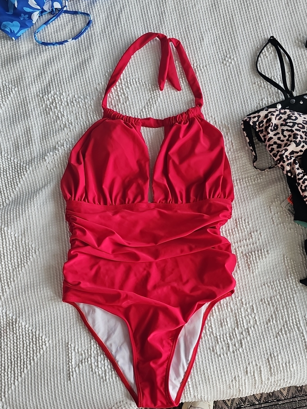 Red Halter One-Piece Swimsuit with Ruched Waist